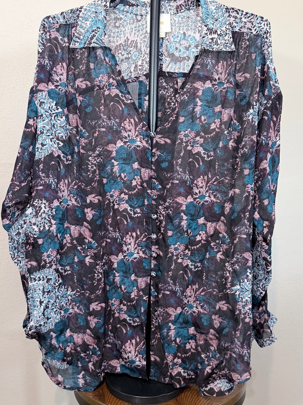 Maeve Sheer Floral Button Up Long Sleeve Collared Blouse Size 16 Boho Split Back